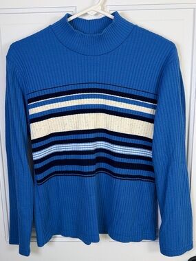 Vintage Coolwear Blue Ribbed Mock Neck Striped Sweater Top XL 90s Y2K